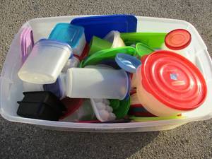 lot 11 image: 106-Qt. Sterilite Tote full of Plastic Trays, Tubs, Lids and Others