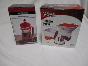 lot 16 image: 2-PRESS-BOTH NIB- 1-Tomato Press-Roma By Weston And 1-Coffee French Press By Savvy Coffee