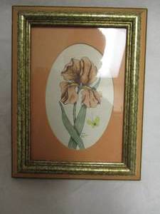 lot 24 image: Vintage - Carol Morrison Signed 1978 Iris Flower With Butterfly Hand Watercolor Art. #48