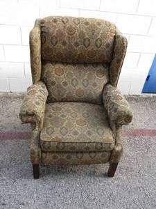 lot 68 image: LANE- Tapestry Looking Cloth Covered- Wingback Recliner Chair, With Removeable Arm Covers