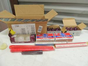 lot 36 image: Box of matches and candles Holiday topper candle sticks and more