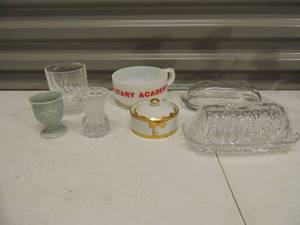lot 42 image: 2 covered crystal butter dishes, Grace La Guen covered gold and white tuxedo bowl, Military academy cup and various other crystal dishes