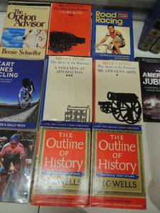 lot 65 image: Book lot- Bruce Catton, Road racing, option adviser, HG wells, outline of history and American Jubilee