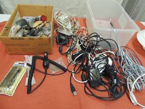 lot 96 image: 2 boxes full of all types of phone chargers house and car- blackberry, android and more, House phone lines and more