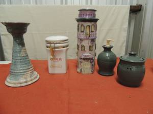 lot 98 image: Assorted pottery, 9 candle holder, soap dispenser, covered canister, white garlic canister, 3 tier painted house cookie jar