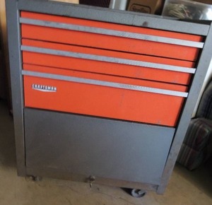 lot 8 image: Craftsman 3 drawer tool box Button rising door   full of  misc. tools screws bolts and more