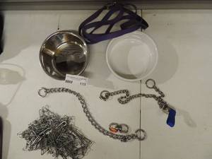 lot 133 image: Purple dog leash 2 small food bowls chain for leash  and a double sided hook