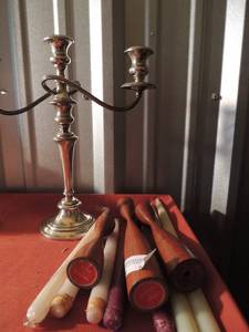 lot 140 image: GORHAM STERLING Tall Twisted 3 Light Weighted Candelabra , 3 wooden candle sticks with various  candles holders