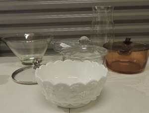 lot 141 image: Milk glass fruit bowl, cake cover open end vase, large glass mixing bowl lids brain glass sauce pan
