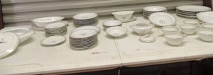 lot 190 image: Noritake china made in japan Holbrook 5635 included 55 pieces- 7 dinner plates 7 cups 1 gravy boat 7 salad bowls, 4 dessert bowls, 1 covered soup terrain, 8 dessert plates, 9 bread plates, 8 salad bowls large sauce bowl on plate