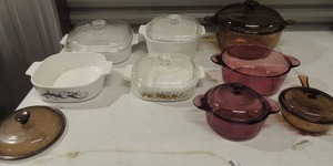 lot 200 image: Corning dishes, brown glass purple glass all covered, white covered corning dishes 2 plain white 1 black stem roses