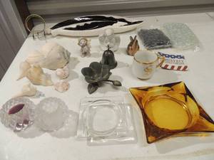 lot 199 image: Lot of- ashtrays, seashells, brass mouse, glass beads, candle holders and more