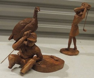lot 204 image: Red Mill wood carvings 8 woman golfer, Fisherman, and turkey (detached but easy fix)
