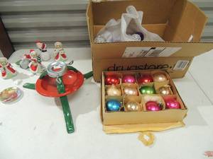 lot 218 image: Christmas lot- Santas, Mrs. Claus, tree stand older vintage tree lights
