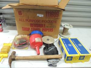 lot 220 image: 2 boxes coated abrasive belts  3 X21 NEW funnels wire, rope, hammer, circuit box kit