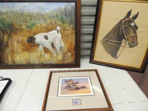 lot 229 image: Artwork horse MKM 1970 21x25, Art geese by D. Alyland 17x16 and Dog art  by Gwen Faherly 31x25