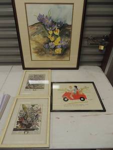 lot 231 image: ART- Red Car by Bill Davey71274 14x11,  Floral x 2 May and August both 13x10,   Yellow flowers 25 x 21 REME Donald