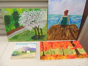 lot 232 image: 4 hand painted on canvas by CCS- orange 20x10, church 10x8, green white 20x18, girl 20x16