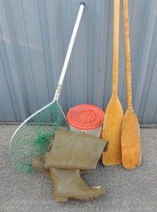 lot 251 image: 2 canoe paddles, fish net, waders, and minnow bucket