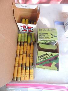 lot 27 image: 20 gauge SHOTGUN SHELLS    Western- 2.75-6 shot qty. 12,   Federal- dove load 8 shot 1 box plus 15 shells,   AA 9 shot qty. 5