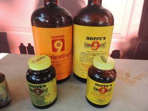 lot 154 image: HOPPEs 9 lubricating oil 32 oz. HOPPEs 9 powder SOLVENT 6- 8 oz. PLUS  4 oz. bottles x 2