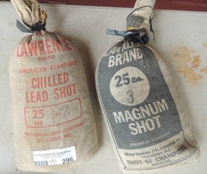 lot 296 image: Lawrence chilled lead shot #2 17 lbs. , MAGNUM #3 SHOT  18 LBS