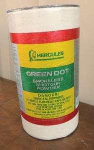 lot 165 image: Hercules green dot smokeless shotgun powder 3lbs. 5 oz.