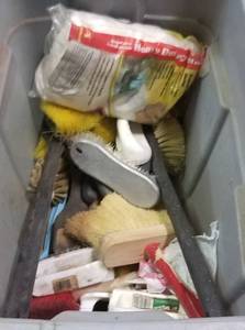 lot 196 image: BIN WITH BRUSHES AND MORE AS SHOWN.