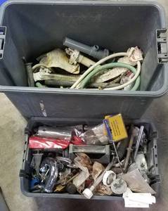lot 209 image: PORTABLE TOOL BOX WITH ASSORTED PLUMBING SUPPLIES AND ACCESSORIES AS SHOWN.