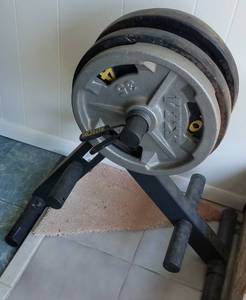 lot 8 image: WEIGHT RACK WITH 4 DUMBBELL WEIGHT PLATES AS SHOWN. YOU ARE BIDDING BY THE PIECE.