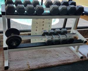 lot 12 image: 2 TIER DUMBBELL WEIGHTS RACK PLUS WEIGHTS ON SECOND IMAGE ONLY.