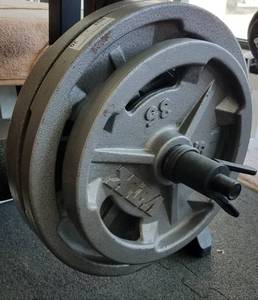 lot 20 image: LOT OF 3 BARBELL WEIGHT PLATES IN SIZES SHOWN. YOU ARE BIDDING BY THE PIECE.