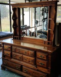 lot 21 image: VINTAGE MULTI-DRAWER DRESSER WITH MIRROR IN STYLECOLORCONDITION SHOWN.