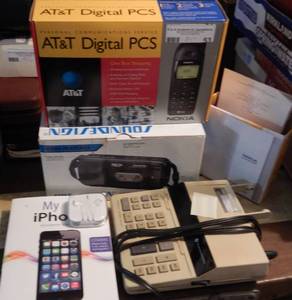 lot 53 image: LOT OF CASSETTE PLAYER, ADDING MACHINE, AND OTHER PHONE RELATED ITEMS AS SHOWN.