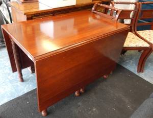 lot 59 image: VINTAGE WILLETTE WILDWOOD SOLID CHERRY DROP-LEAF DINING TABLE WITH ROPE LEGS AND FOUR CHAIRS IN STYLECOLORCONDITION SHOWN. SOLID OVERALL CONDITION FOR ITS AGE. YOU ARE BIDDING BY THE PIECE