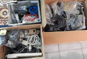 lot 575 image: LOT OF CORDS, WIRES, POWER SURGE AND MORE AS SHOWN.
