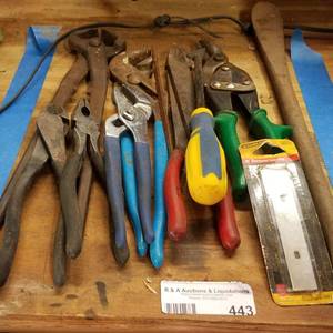 lot 443 image: ASSORTED PLIERS AND MORE AS SHOWN.
