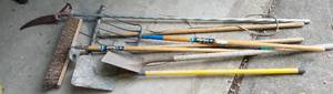 lot 458 image: LOT OF 8 TOOLS INCLUDING SHOVELS, SWEEPER AND MORE AS SHOWN. YOU ARE BIDDING BY THE PIECE