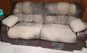 lot 632 image: SOFA AND LOVE SEAT AS SHOWN. SURFACE IS WORN BUT SOFAS ARE IN USABLE CONDITION.