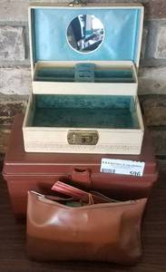 lot 596 image: VINTAGE JEWELRY BOX, STORAGE BOX, AND COIN WRAPPERS IN ZIPPER BAG AS SHOWN.