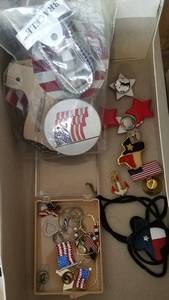 lot 603 image: LOT OF PATRIOTIC LAPEL PINS, BUTTON COVERS AND MORE AS SHOWN.