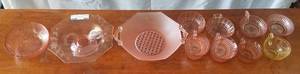 lot 605 image: LOT OF PINK DEPRESSION STYLE GLASS DISHES AND MORE AS SHOWN.