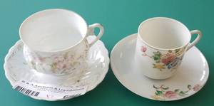 lot 608 image: 2 TEA CUP AND SAUCER SETS IN STYLESCOLORSCONDITION SHOWN. YOU ARE BIDDING BY THE SET