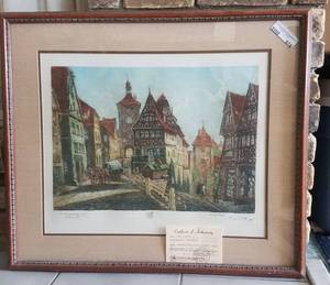 lot 674 image: FRAMED ROTHENBURG ORIGINAL HAND COLORED ETCHING SIGNED BY PROF. PROBST WITH CERTIFICATE OF AUTHENTICITY AS SHOWN.