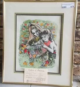 lot 679 image: FRAMED MOTHER & DAUGHTER ORIGINAL HAND COLORED LITHOGRAPH SIGNED AND NUMBERED 52250 BY BEN MENASHE WITH CERTIFICATE OF AUTHENTICITY AS SHOWN.