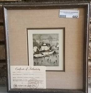 lot 682 image: FRAMED WINTER VILLAGE ORIGINAL COLORED ETCHING SIGNED BY LINCK WITH CERTIFICATE OF AUTHENTICITY AS SHOWN.