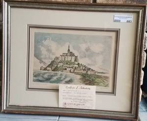 lot 683 image: FRAMED LE MONT ST. MICHEL ORIGINAL HAND COLORED ETCHING SIGNED BY CHARLES NOLLET WITH CERTIFICATE OF AUTHENTICITY AS SHOWN.