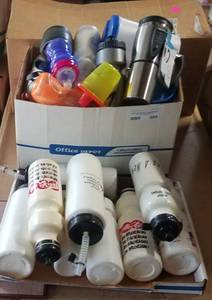 lot 689 image: LARGE LOT OF WATER BOTTLES  TRAVEL MUGS AND SUCH IN ASSORTED SIZESSTYLES AS SHOWN. GENEROUS COUNT.
