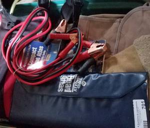 lot 701 image: TRAVEL MAPSATLAS, JUMPER CABLES AND MORE AS SHOWN.