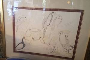 lot 743 image: FRAMED PARROT PARTY V COLORED ETCHING AS SHOWN.